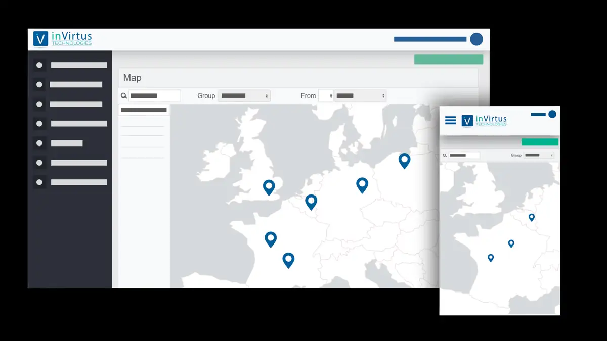 InVirtus Cloud platform on desktop and smartphone: map of assets located across Europe with filters by group and date