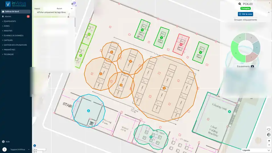InVirtus Cloud platform: workshop floor plan with colored BLE zones, number of assets per zone and breakdown by group